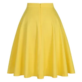 2021 Spring Summer Casual Women Midi Skirt Yellow Solid Pure Color High Waist School Retro Vintage 50s 60s Cotton Summer Skirts