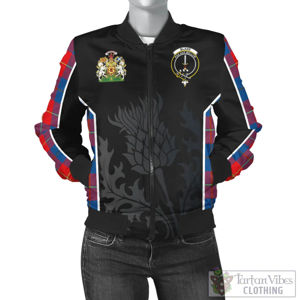 Blane Tartan Bomber Jacket with Family Crest and Scottish Thistle Vibes Sport Style