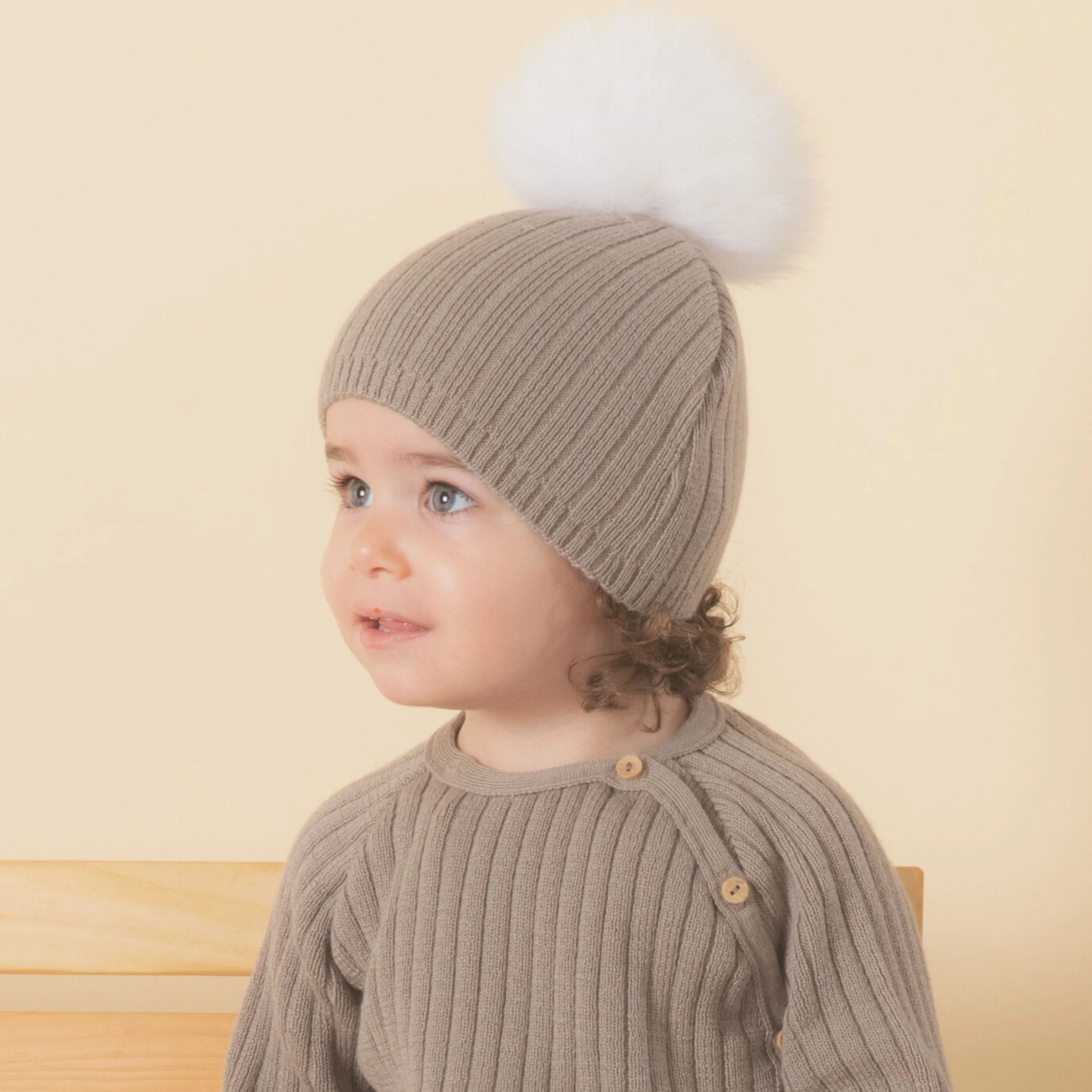 Boys Taupe Knitted Pom-Pom Hat | Made in France
