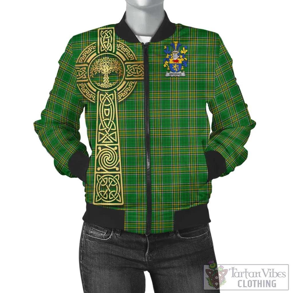Brosnan Irish Clan Tartan Bomber Jacket with Coat of Arms Celtic Tree of Life Style