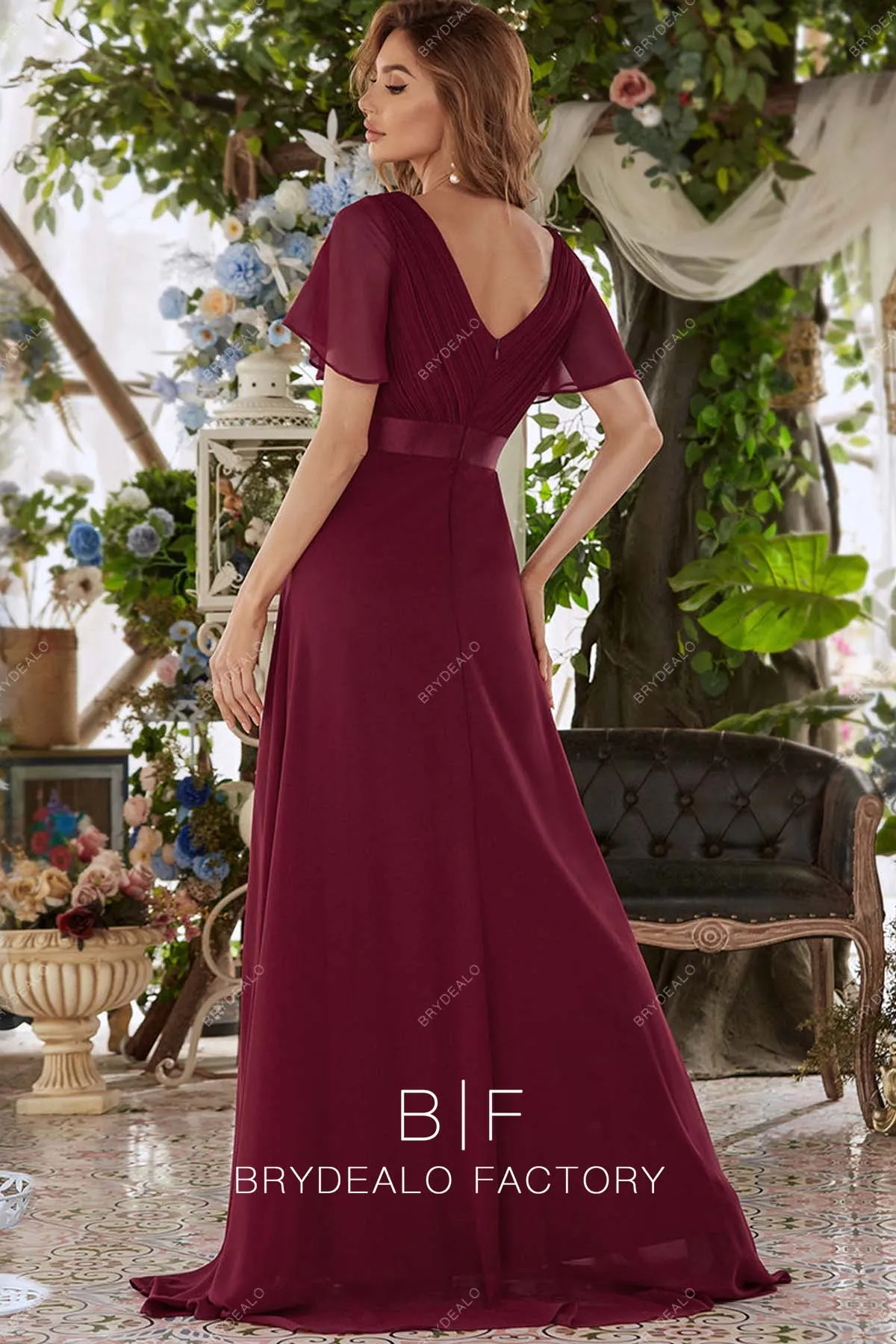Burgundy Chiffon Batwing Sleeves Long A-line Dress