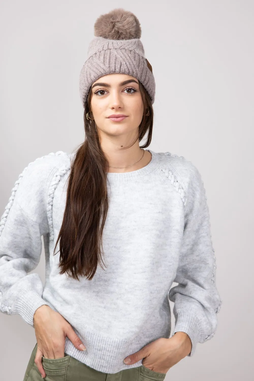 C.C. Sequin Pom-Pom Beanie for Women in Taupe | HTS0006-TPE
