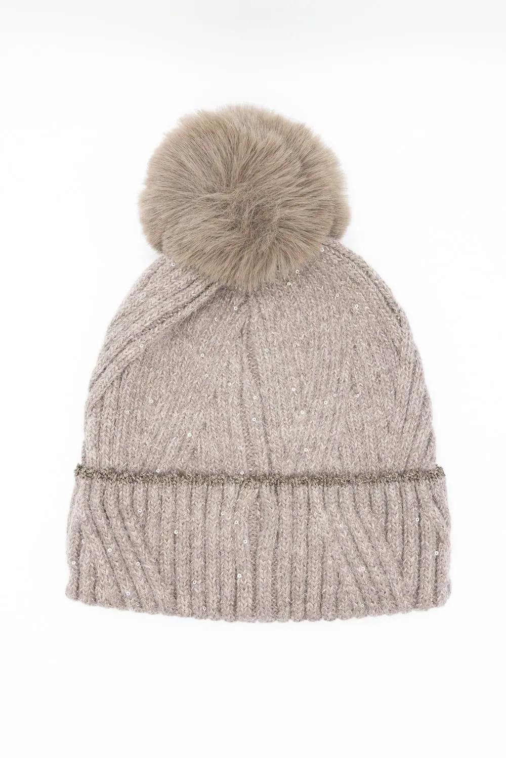 C.C. Sequin Pom-Pom Beanie for Women in Taupe | HTS0006-TPE