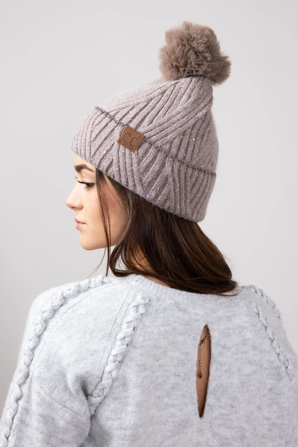 C.C. Sequin Pom-Pom Beanie for Women in Taupe | HTS0006-TPE
