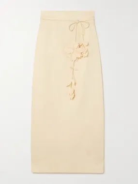 Cream belted appliquéd linen midi skirt
