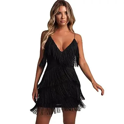 Deep V-Neck Fringe Bodycon Dress: Gatsby Latin Club Party Charm