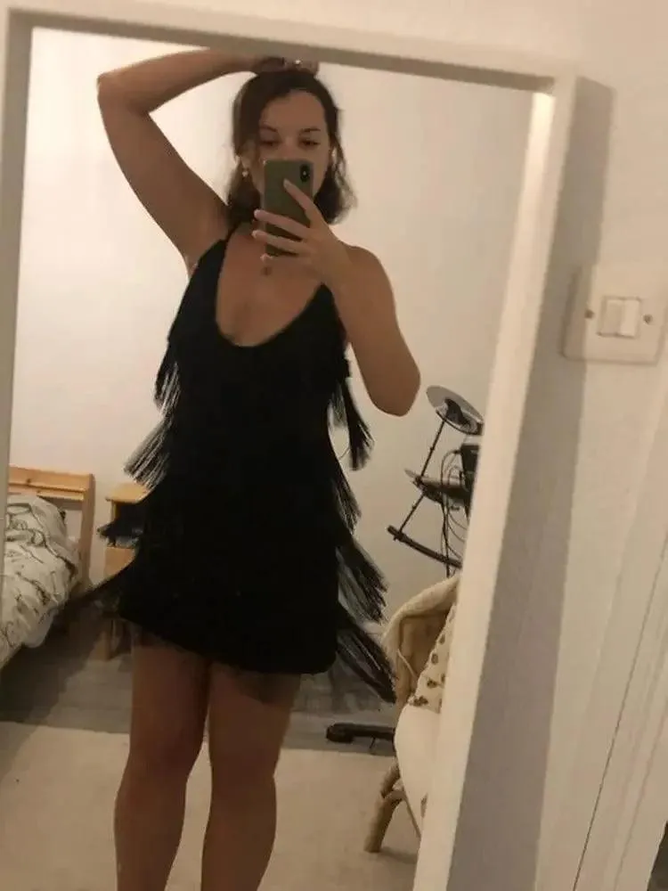 Deep V-Neck Fringe Bodycon Dress: Gatsby Latin Club Party Charm