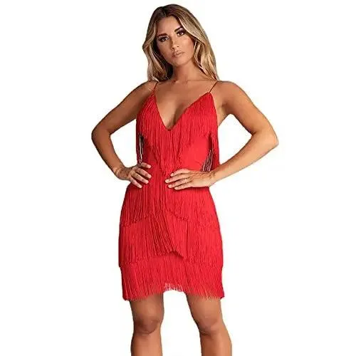 Deep V-Neck Fringe Bodycon Dress: Gatsby Latin Club Party Charm