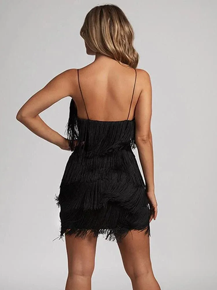 Deep V-Neck Fringe Bodycon Dress: Gatsby Latin Club Party Charm