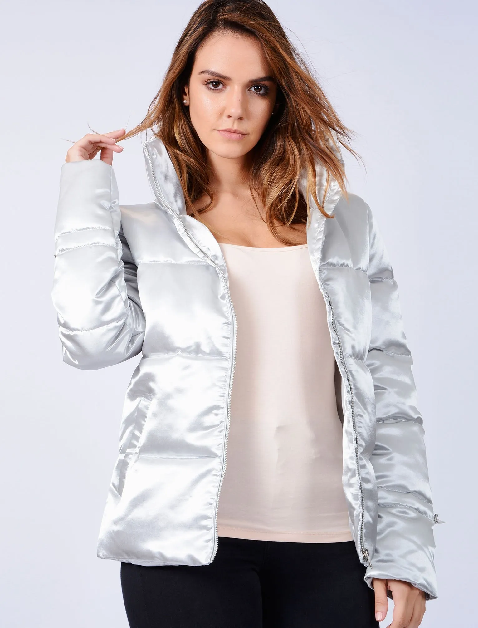 Edona Satin Quilted Puffer Jacket in Whisper Grey - Tokyo Laundry