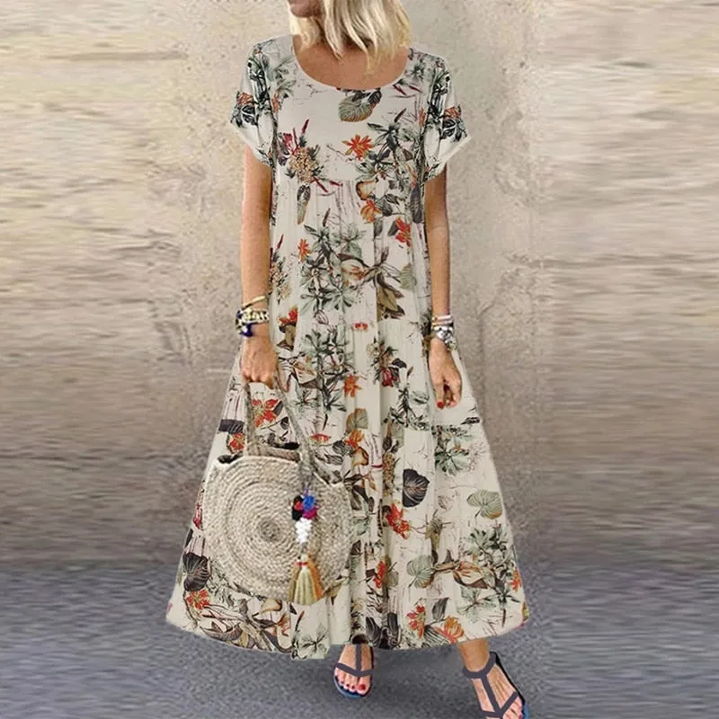 Fashionkova  Linen Vintage Floral Long Dress Women Summer Elegant Short Sleeve O Neck Boho Maxi Dress Holiday Beach Party Dresses Vestidos