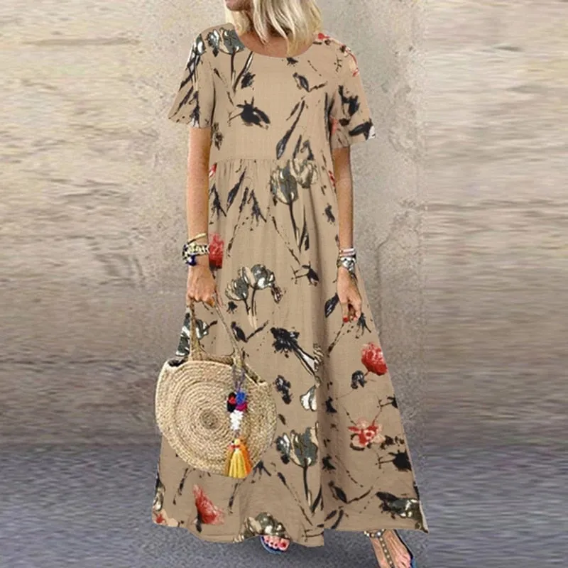 Fashionkova  Linen Vintage Floral Long Dress Women Summer Elegant Short Sleeve O Neck Boho Maxi Dress Holiday Beach Party Dresses Vestidos