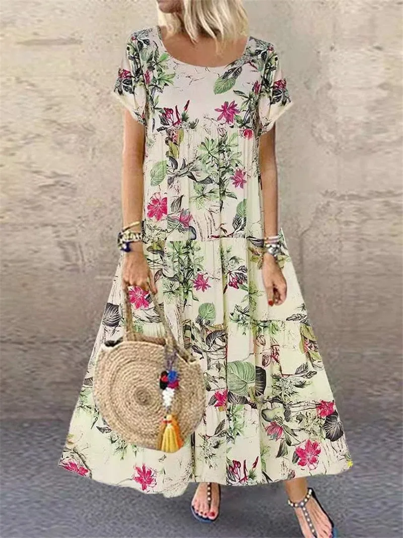 Fashionkova  Linen Vintage Floral Long Dress Women Summer Elegant Short Sleeve O Neck Boho Maxi Dress Holiday Beach Party Dresses Vestidos