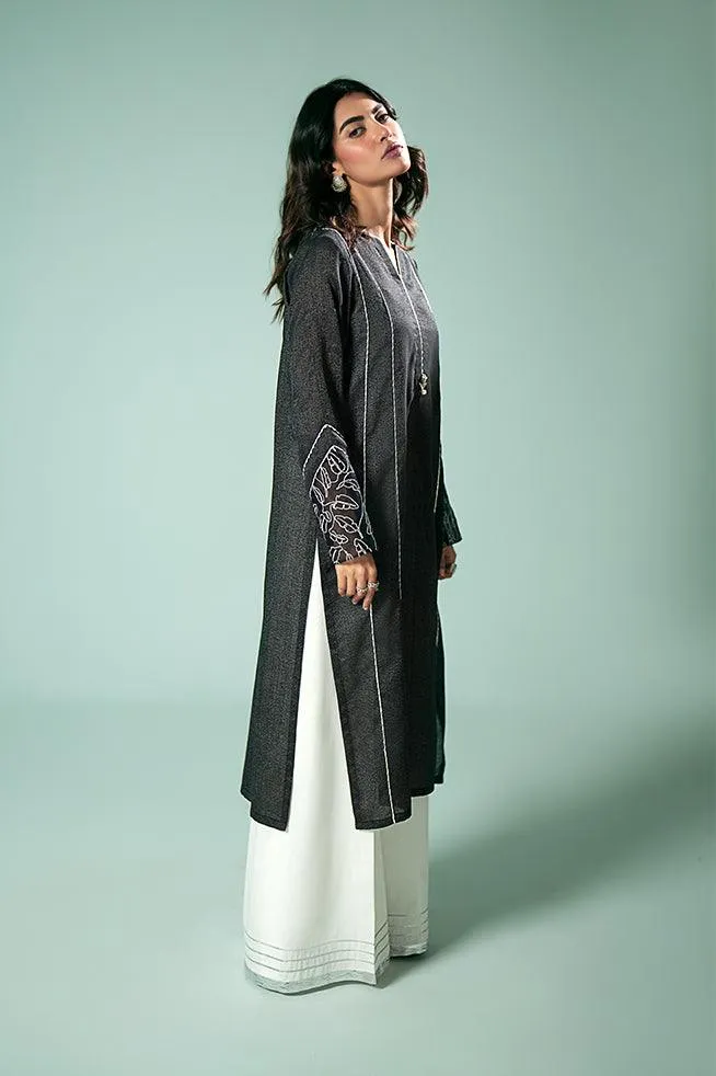 FOZIA KHALID  - Black Gotta Fusion Tunic - Black - Karandi - 1 Piece