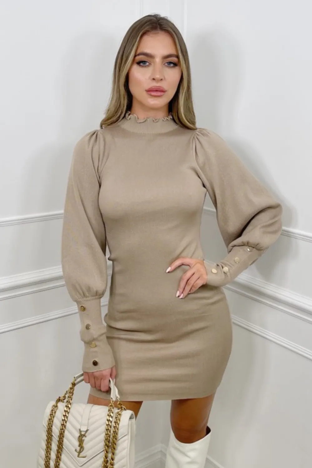 Jada Beige knitted balloon sleeve dress