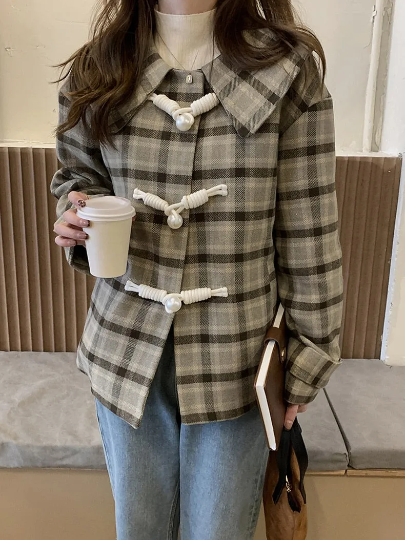 [Korean Style] Chestnut Turn-Down Collar Plaid Short Coat w/ Horn Button