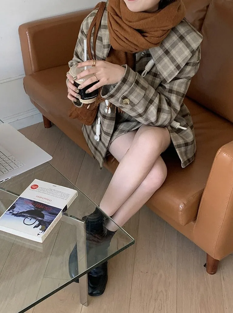 [Korean Style] Chestnut Turn-Down Collar Plaid Short Coat w/ Horn Button