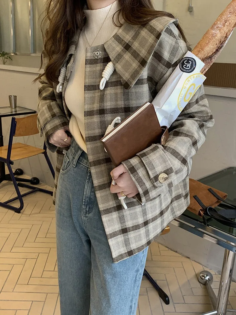 [Korean Style] Chestnut Turn-Down Collar Plaid Short Coat w/ Horn Button