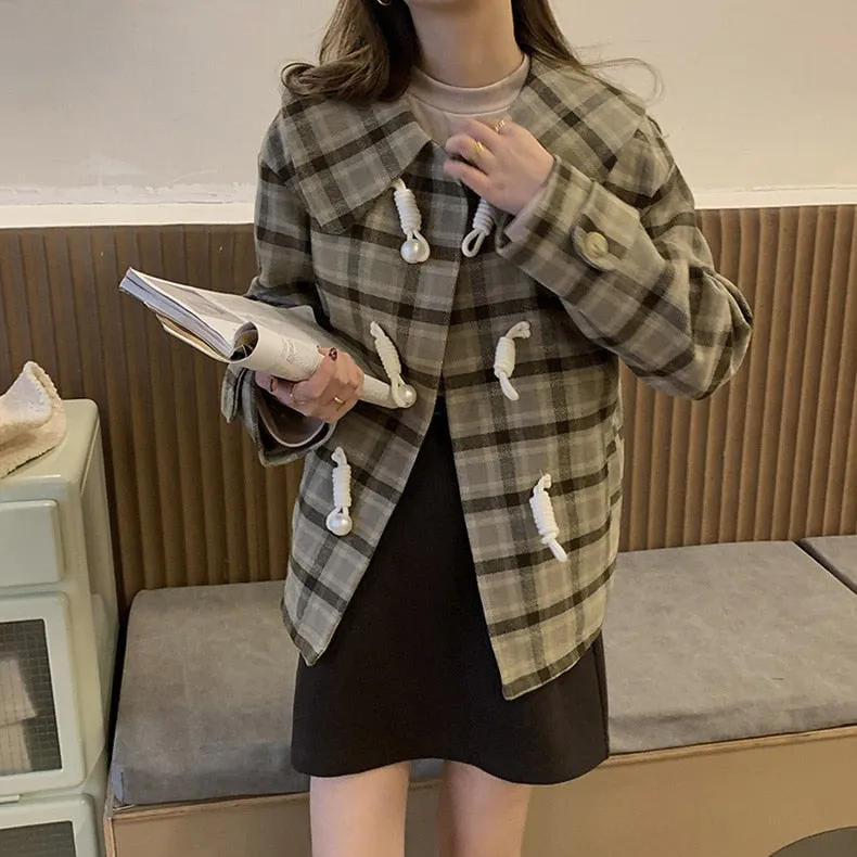 [Korean Style] Chestnut Turn-Down Collar Plaid Short Coat w/ Horn Button