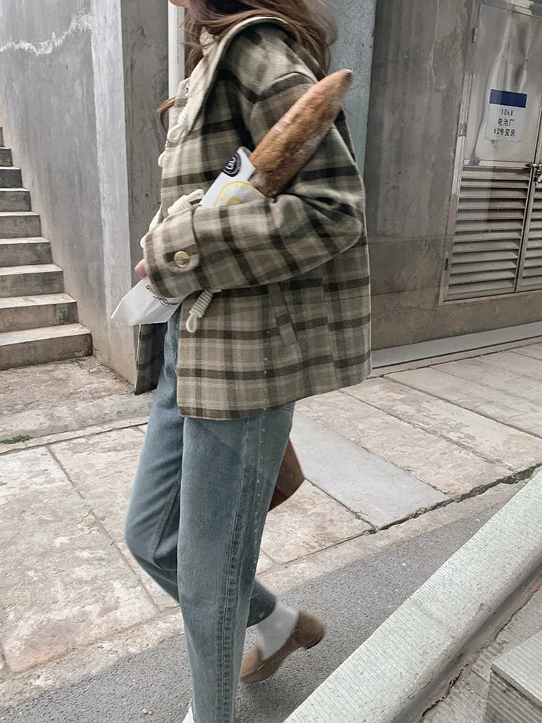 [Korean Style] Chestnut Turn-Down Collar Plaid Short Coat w/ Horn Button