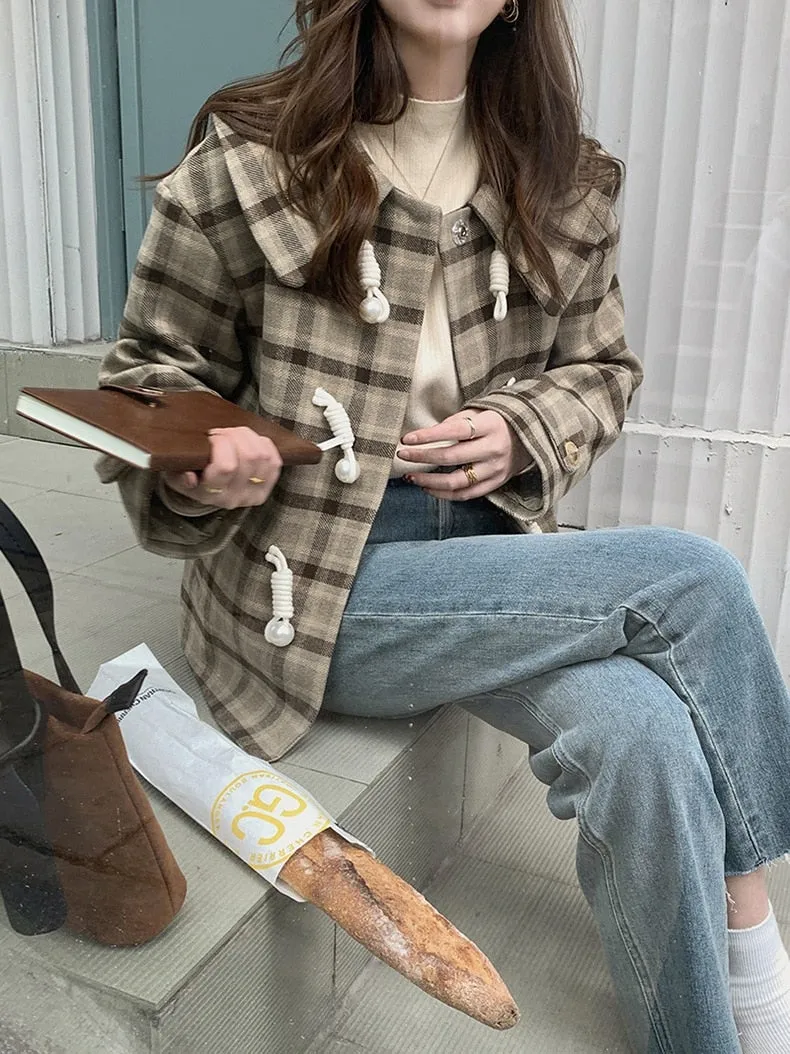 [Korean Style] Chestnut Turn-Down Collar Plaid Short Coat w/ Horn Button
