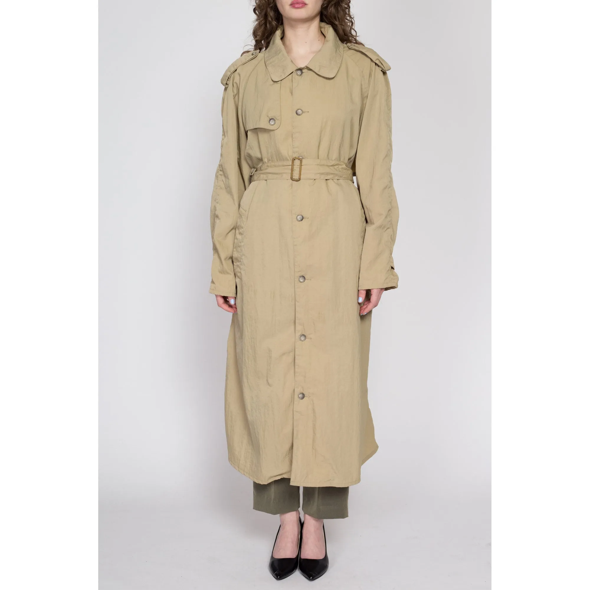 Lrg-XL 80s Banana Republic Khaki Nylon Safari Trench Coat Unisex