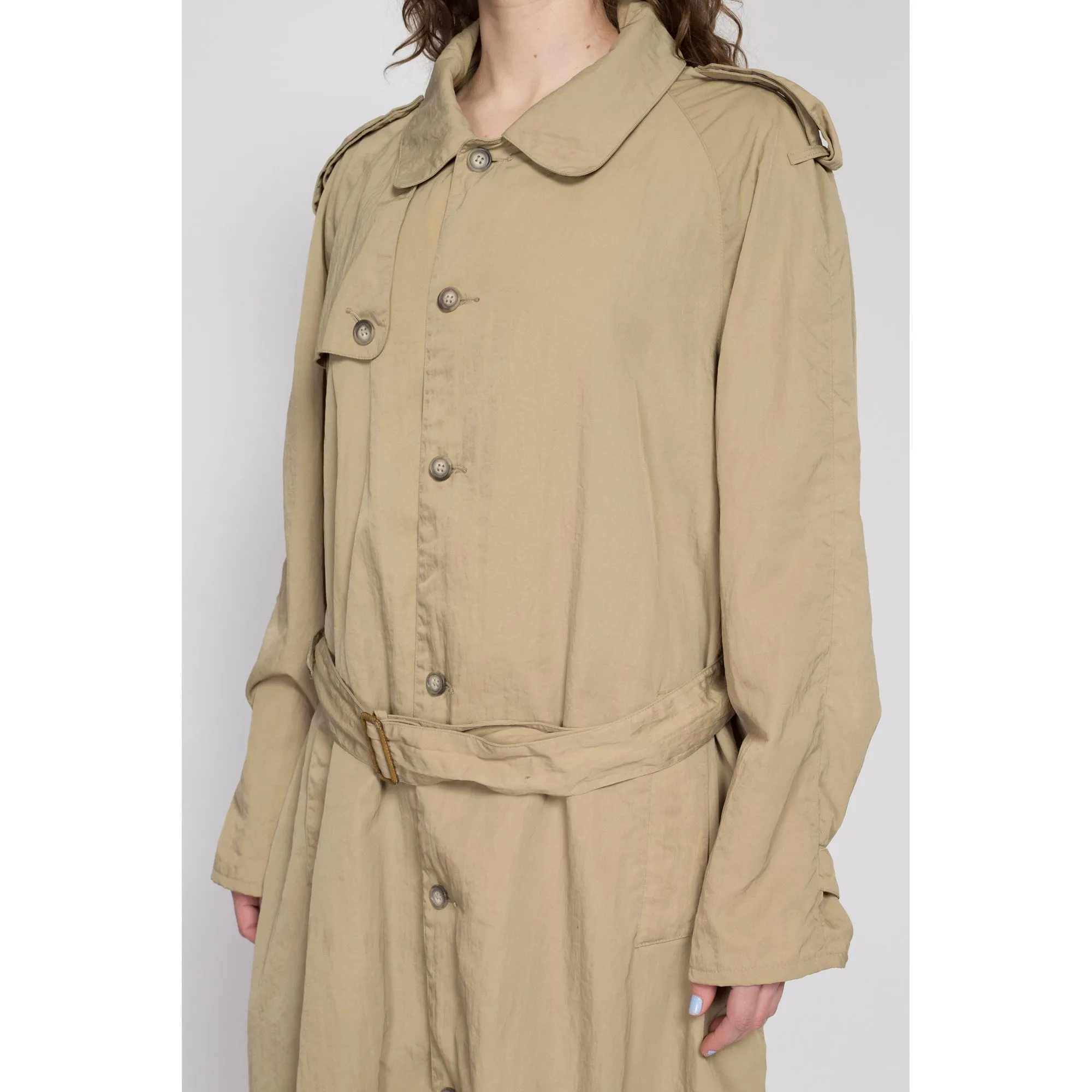 Lrg-XL 80s Banana Republic Khaki Nylon Safari Trench Coat Unisex