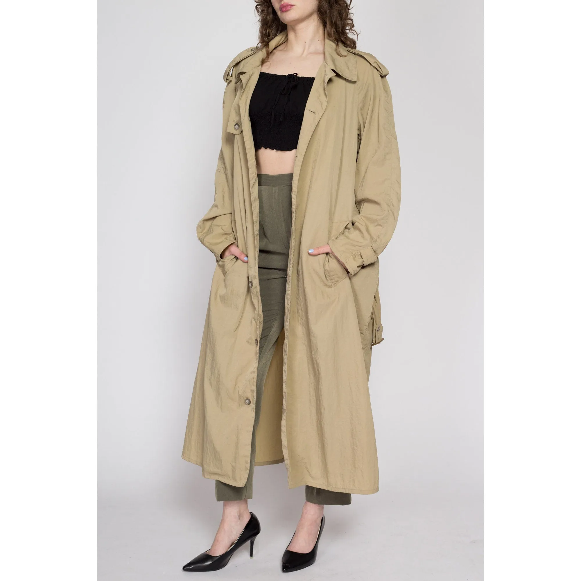 Lrg-XL 80s Banana Republic Khaki Nylon Safari Trench Coat Unisex