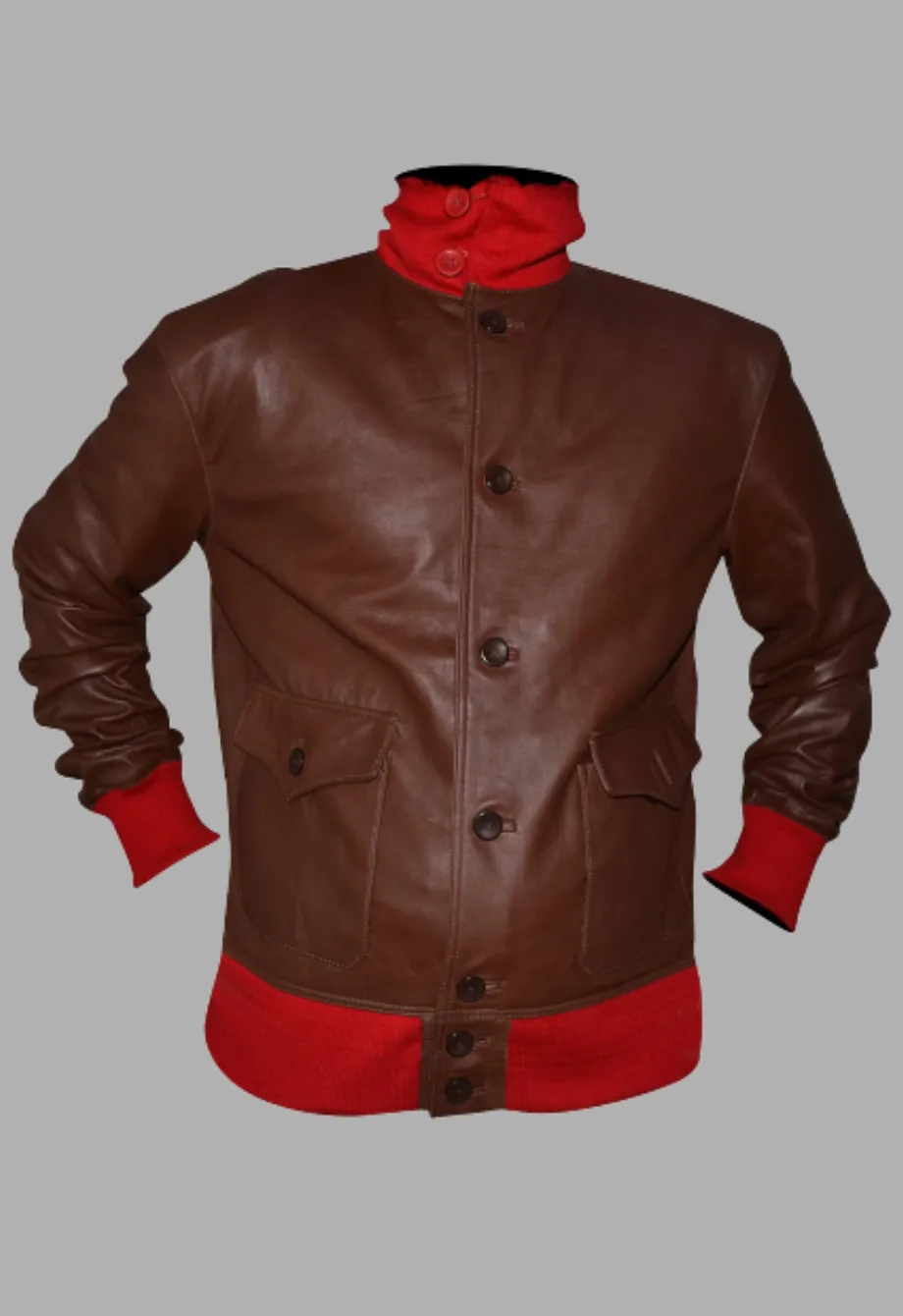 Mens A-1 Flight Brown And Red Ribbed Bomber Leather Jacket