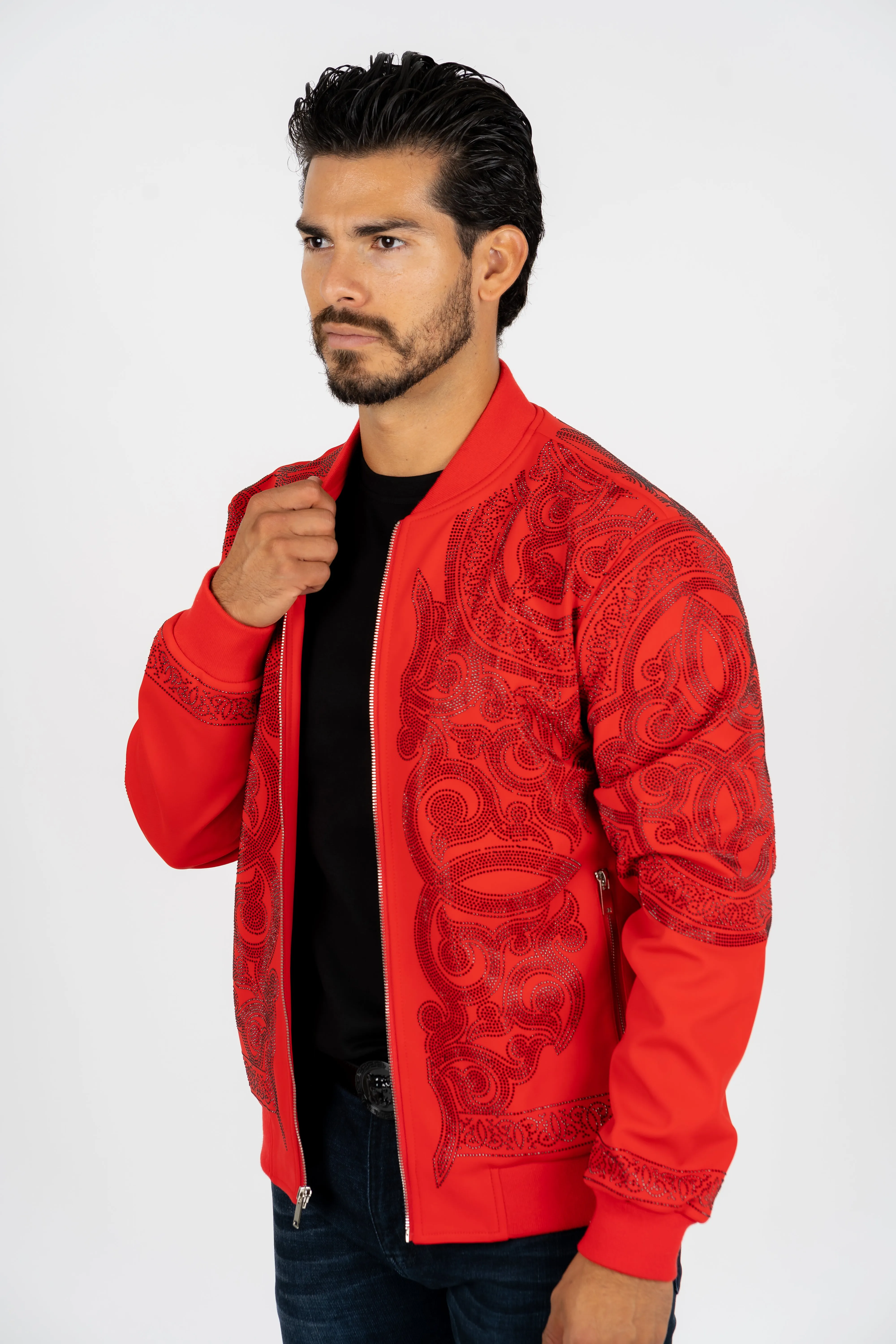 Men's Red Rhinestone Bomber Jacket