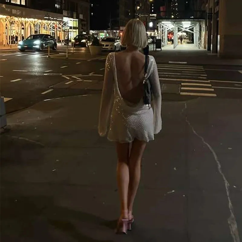 Mesh Sequin Mini Dress Elegant Backless Cowl for Clubbing