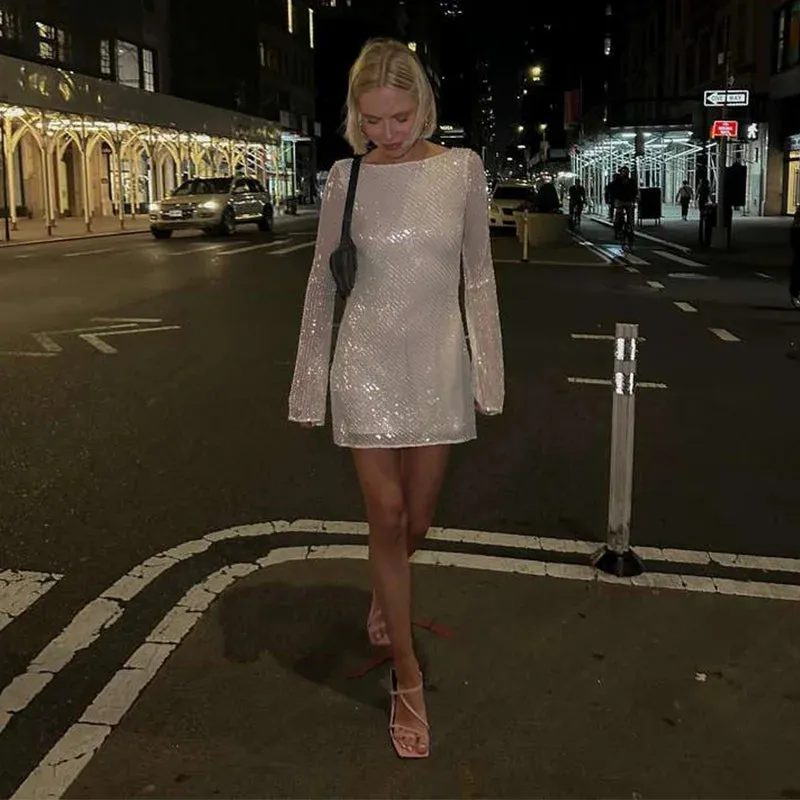 Mesh Sequin Mini Dress Elegant Backless Cowl for Clubbing