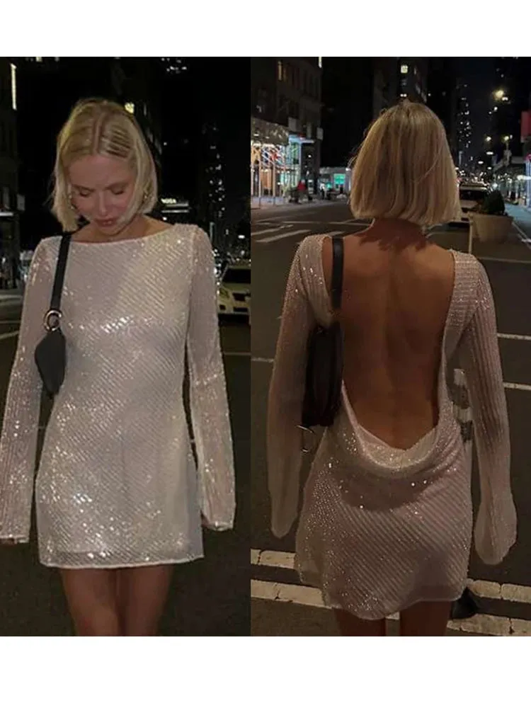 Mesh Sequin Mini Dress Elegant Backless Cowl for Clubbing