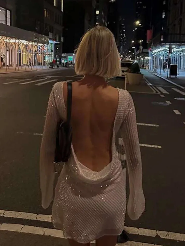 Mesh Sequin Mini Dress Elegant Backless Cowl for Clubbing