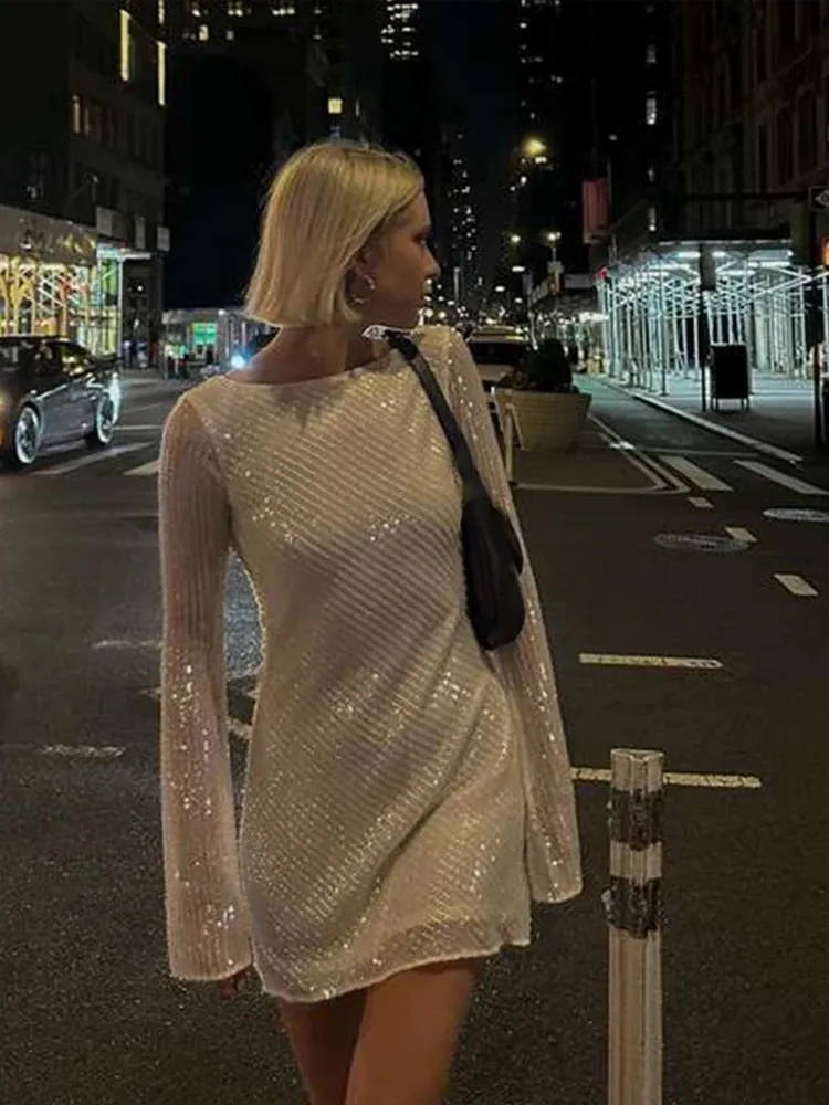 Mesh Sequin Mini Dress Elegant Backless Cowl for Clubbing