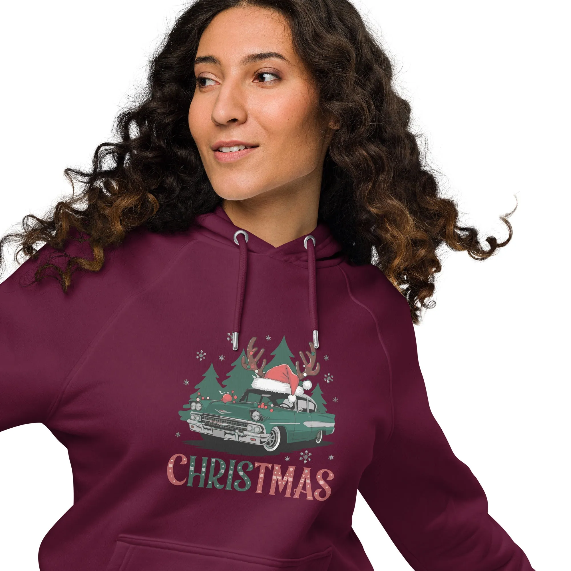Retro Christmas Ride Graphics Women Eco Raglan Hoodie