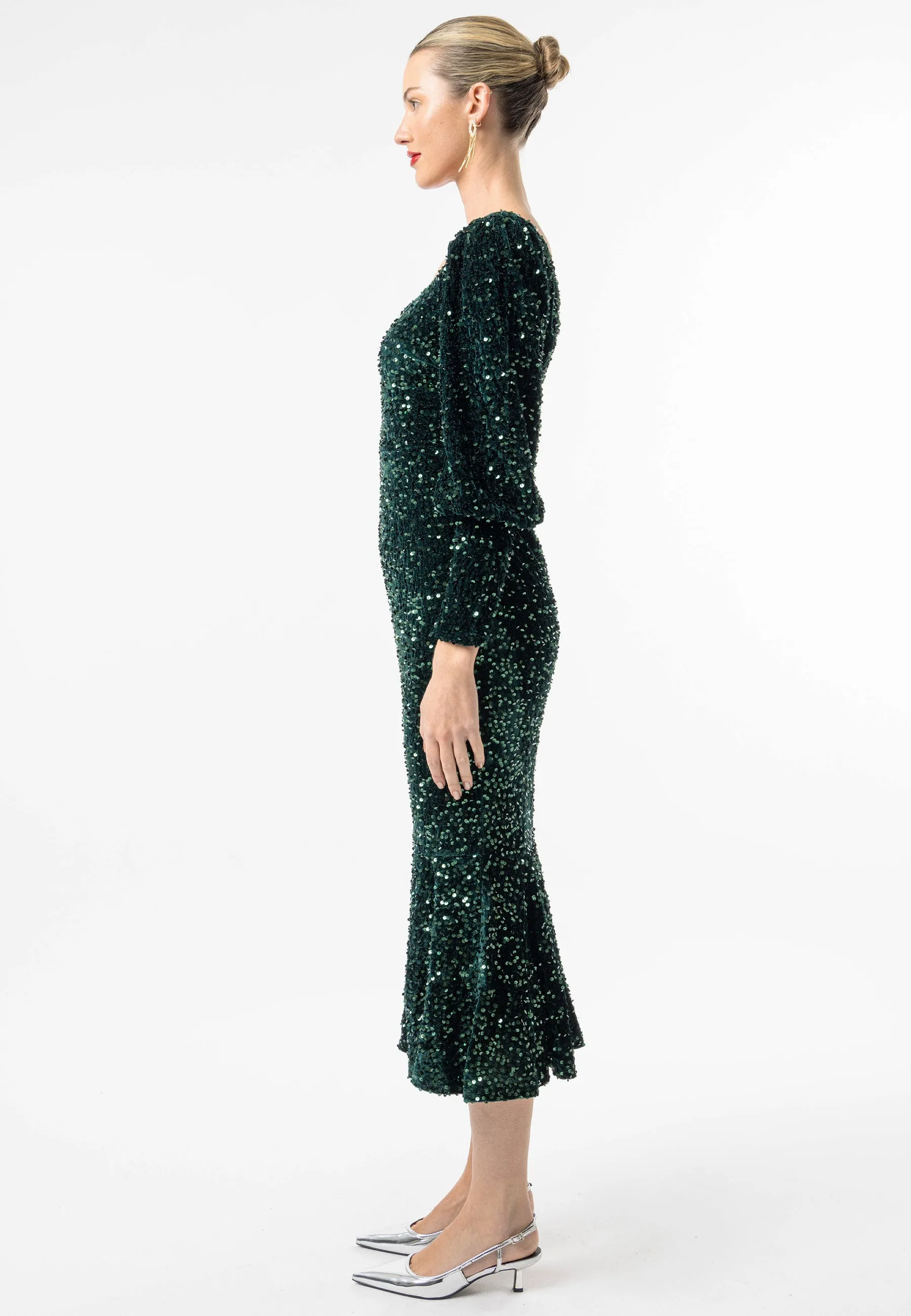 Sequin Velvet Bodycon Long Sleeve Evening Dress In Green