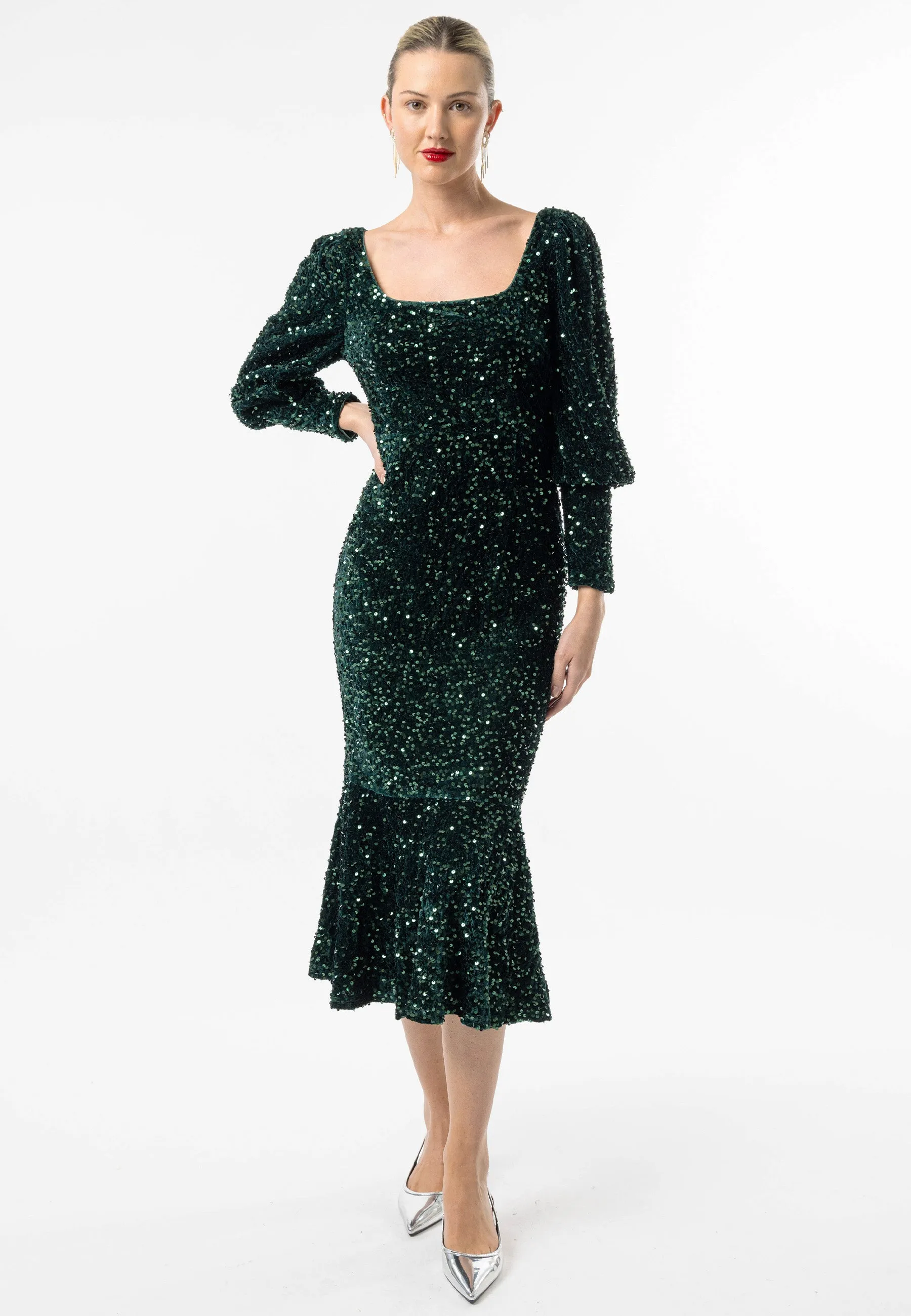 Sequin Velvet Bodycon Long Sleeve Evening Dress In Green