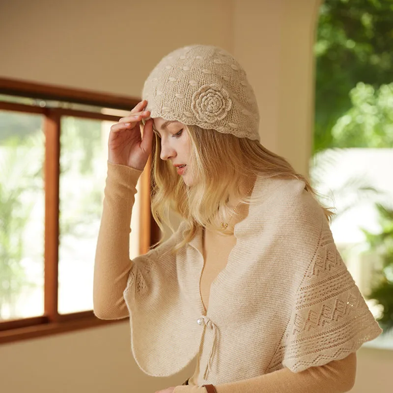 Soft Winter Handmade Knit cashmere Women's Beanie Hat with Flower
