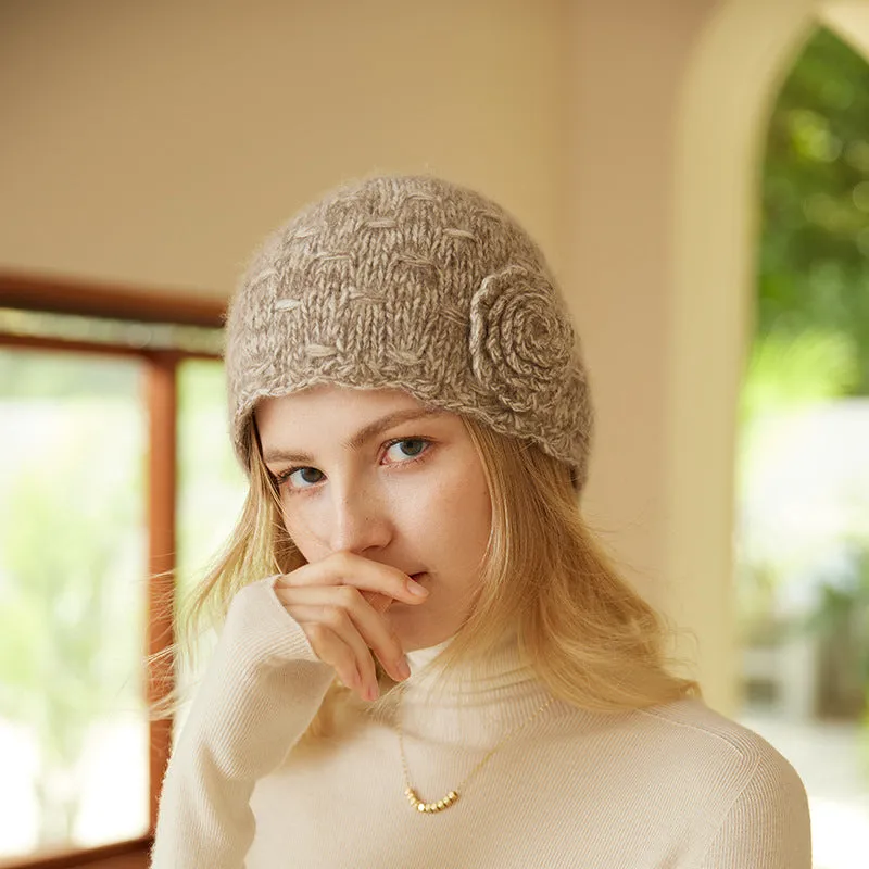 Soft Winter Handmade Knit cashmere Women's Beanie Hat with Flower