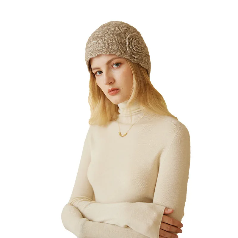 Soft Winter Handmade Knit cashmere Women's Beanie Hat with Flower