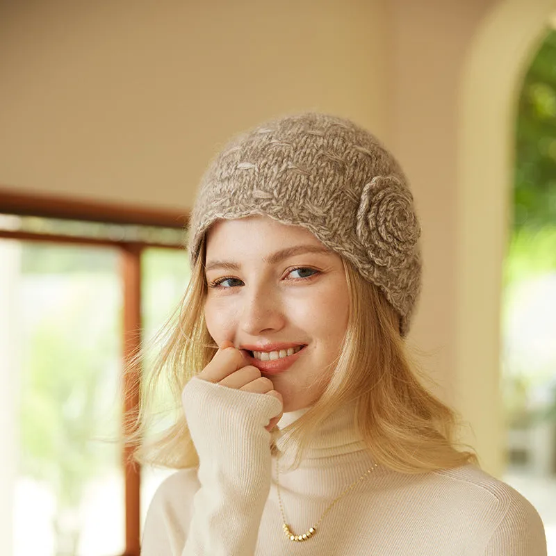 Soft Winter Handmade Knit cashmere Women's Beanie Hat with Flower