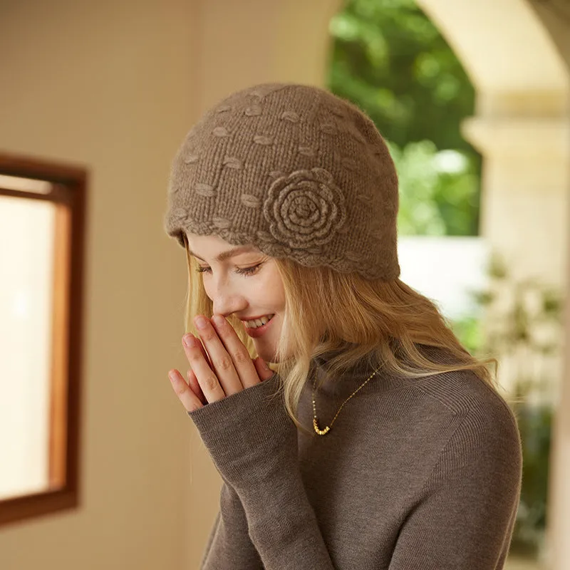 Soft Winter Handmade Knit cashmere Women's Beanie Hat with Flower
