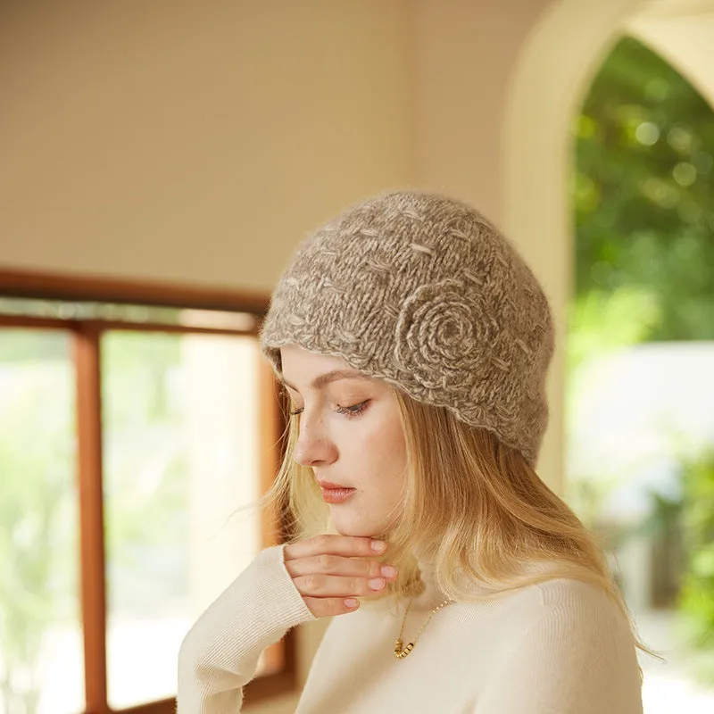 Soft Winter Handmade Knit cashmere Women's Beanie Hat with Flower