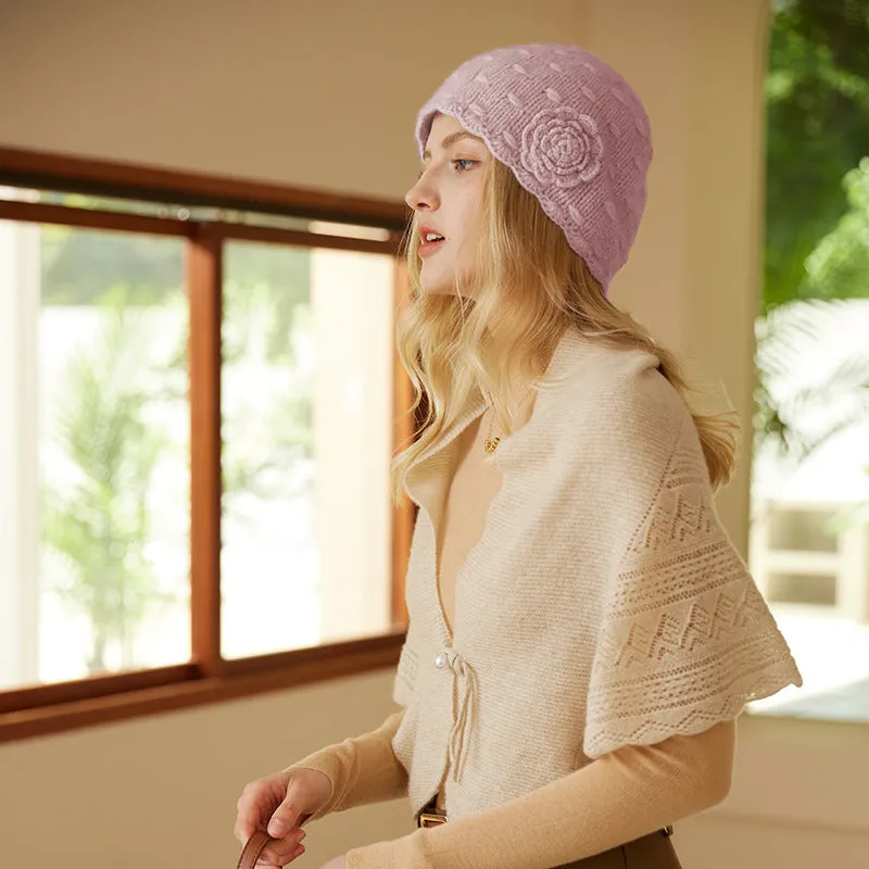 Soft Winter Handmade Knit cashmere Women's Beanie Hat with Flower