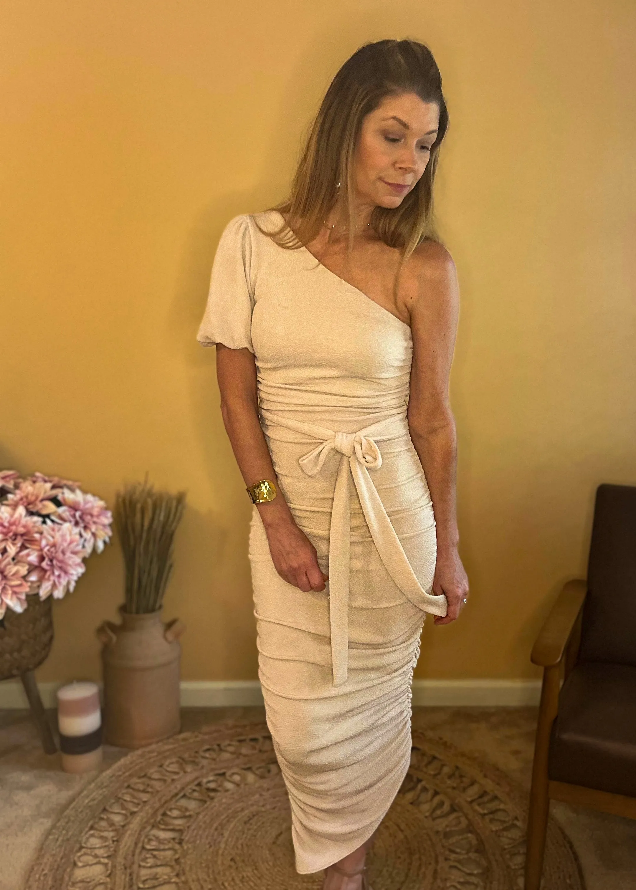 Stunningly Beautiful One Shoulder Midi Dress