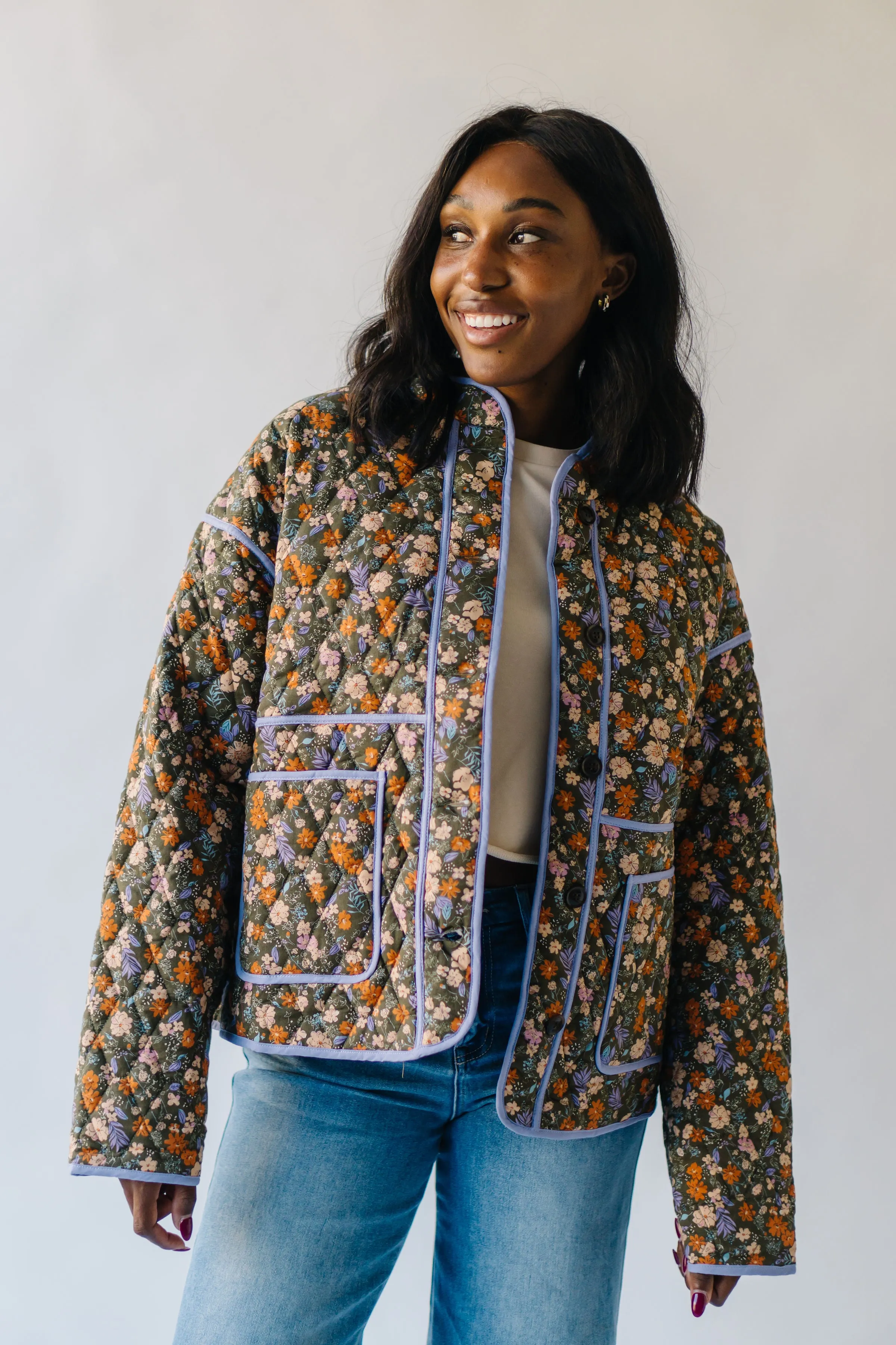 The Woodbury Floral Quilted Puffer Jacket in Olive   Taupe