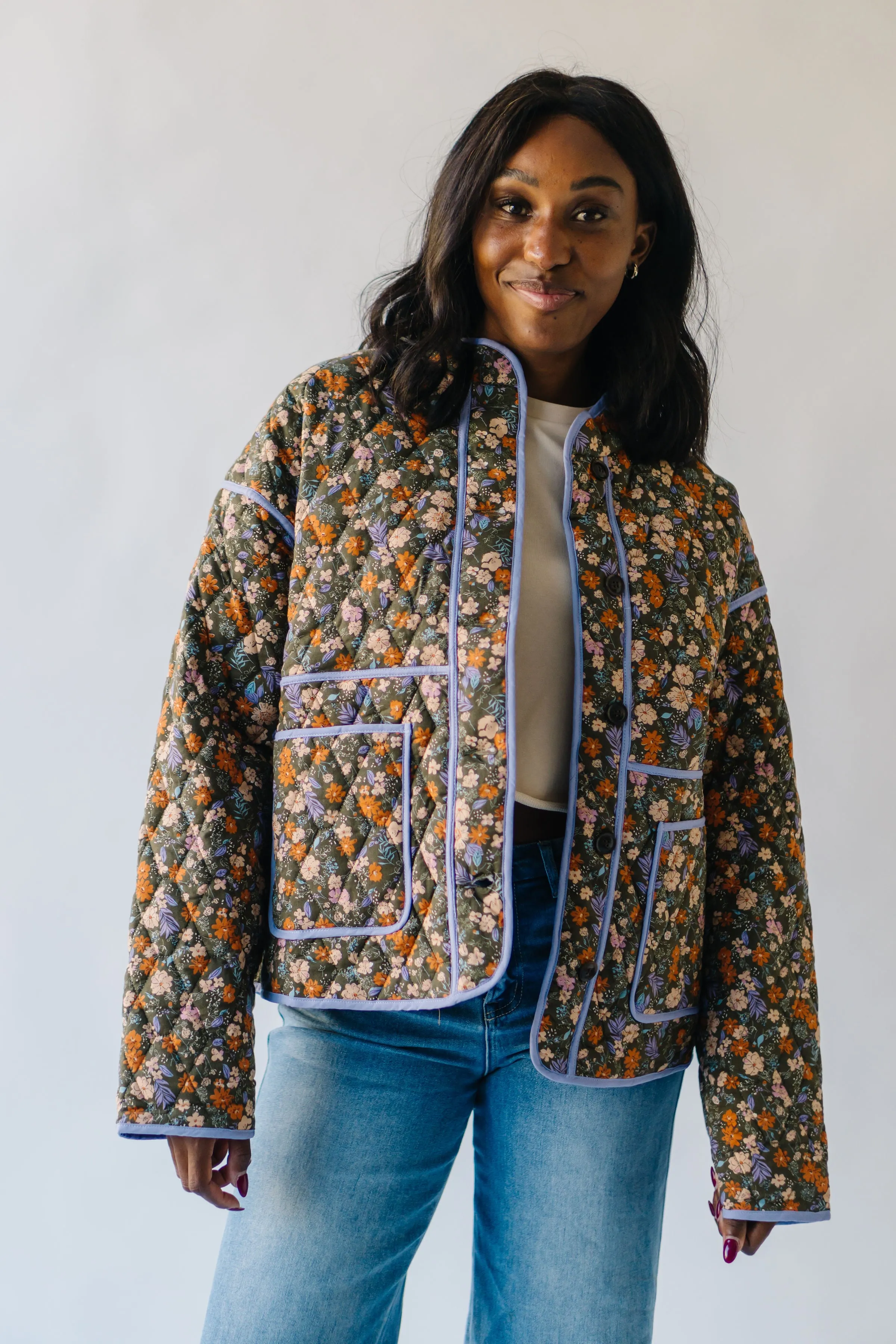 The Woodbury Floral Quilted Puffer Jacket in Olive   Taupe