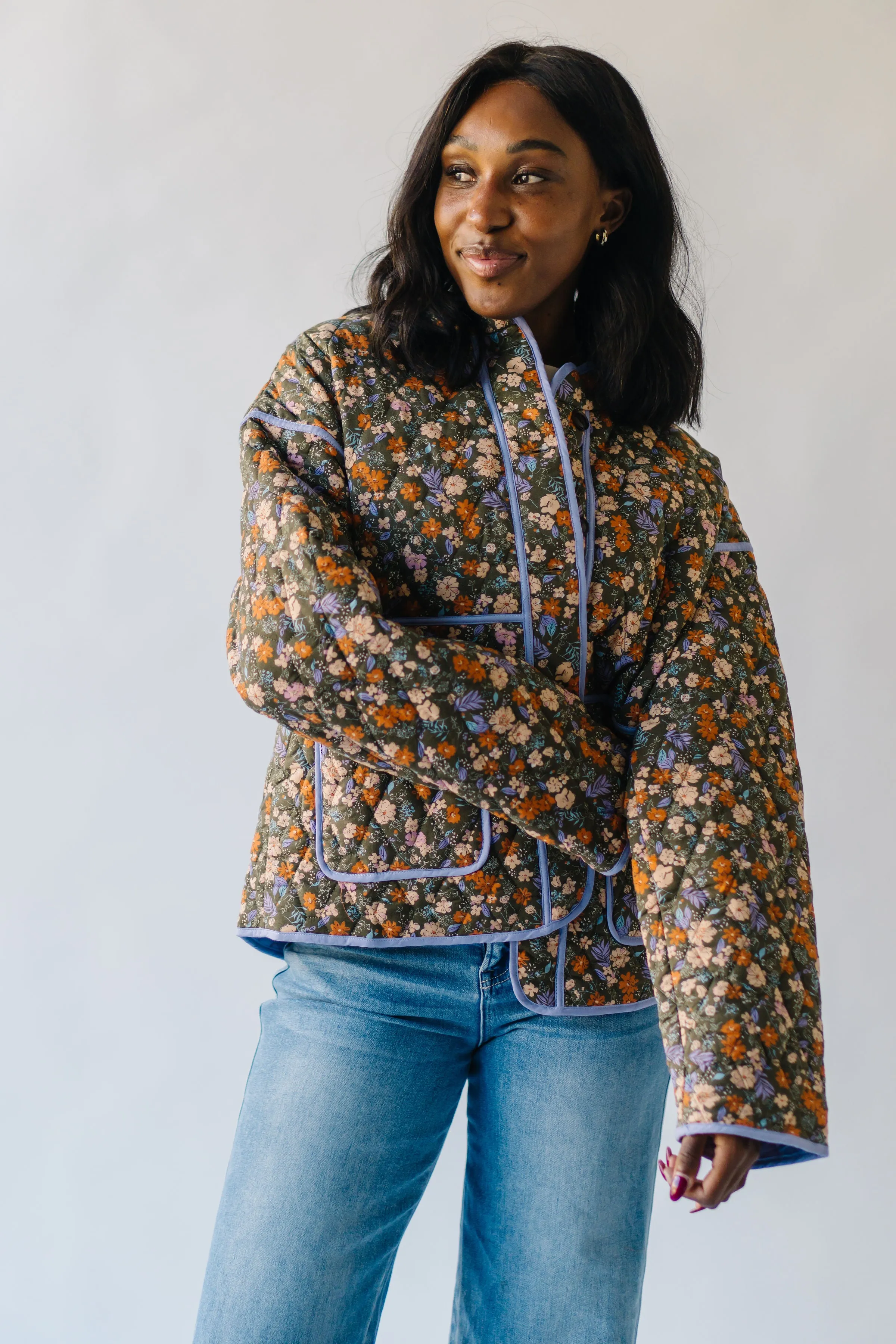 The Woodbury Floral Quilted Puffer Jacket in Olive   Taupe