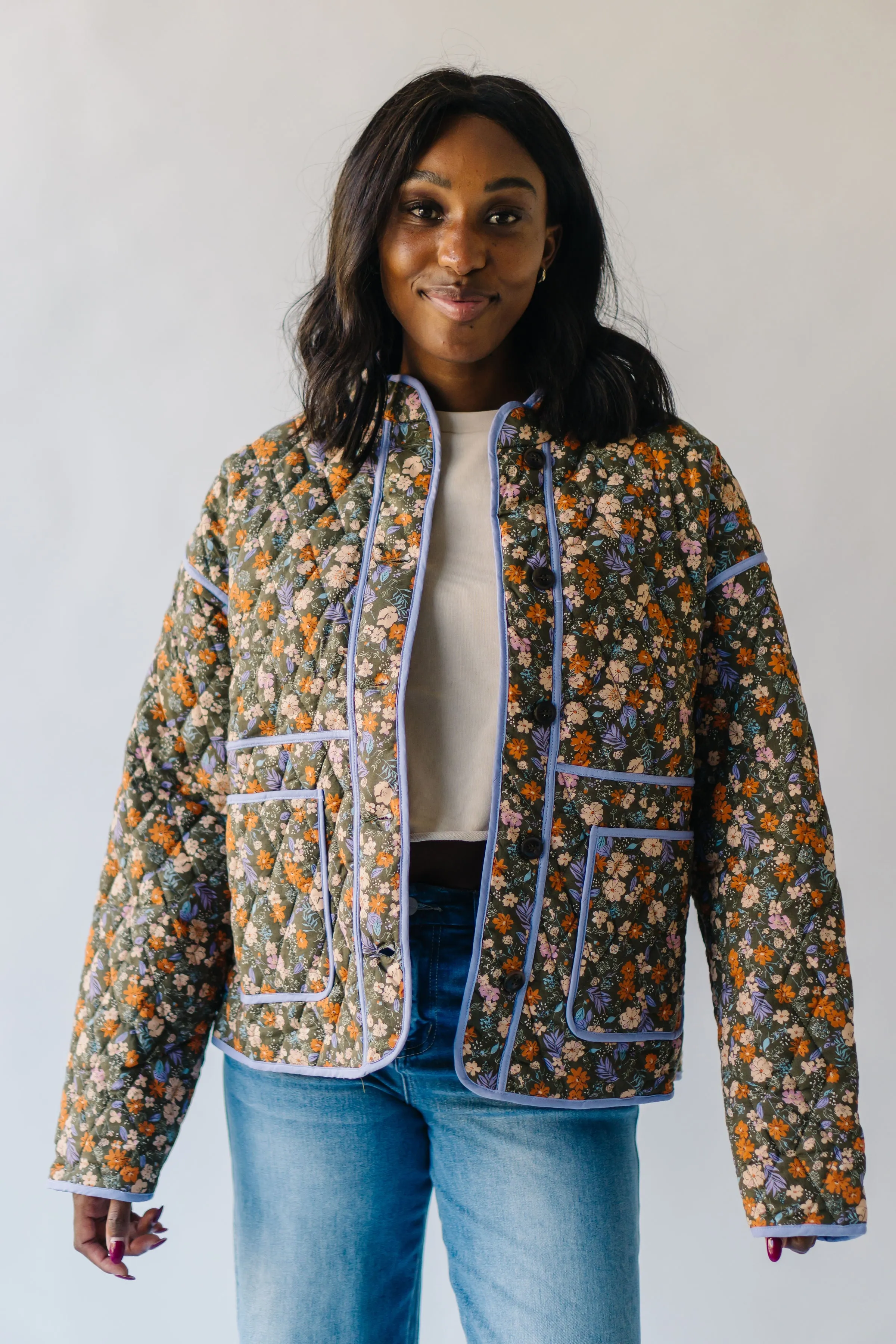 The Woodbury Floral Quilted Puffer Jacket in Olive   Taupe